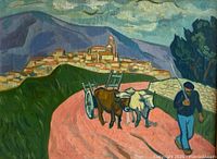 Close view of painting showing oxen and cart on pink road with village in background