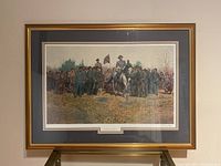 Full framed art print depicting General Lee surrender scene with soldiers and Confederate flag.