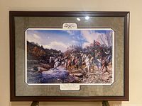 Full image of the framed Civil War print showing soldiers crossing a stream with a Confederate flag.