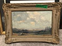 Full view of framed vintage oil painting showing cloudy sky over rolling landscape with small house