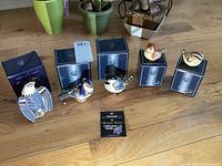 Five ceramic birds arranged on a wooden surface, each with its original blue Rinconada box behind.