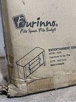 Box close-up showing Furinna brand, model 14055, and product sketch indicating the product is an entertainment center.