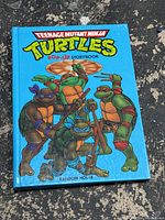 Front cover of the Teenage Mutant Ninja Turtles pop-up storybook showing the four turtles and the title in bright colors on a blue background.