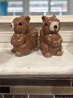 Pair of brown ceramic squirrel salt and pepper shakers on a window sill, front view showing detailed face and paws holding a nut.
