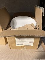 Open box showing white Evolve Coupe bowl inside with label on box.