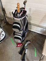 Full view of Cobra golf bag with umbrella handle visible inside. Four golf clubs inside the bag compartments. Golf balls nearby on floor.
