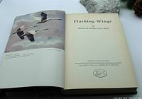 Open book showing title page and colored illustration of flying birds on verso page. Indicates author Richard M. Saunders and illustrator Toronto M. Harris.