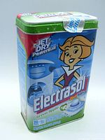 Front and side views of vintage Electrasol tin featuring Jane Jetson character from The Jetsons. The tin shows branding for Jet Dry PowerBall and Electrasol 2in1 Tabs, green apple scent with 20 tabs inside. Tin is metal, approximately 6.75 inches high.