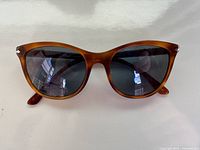 Front view of women's Persol sunglasses showing brown translucent frames and dark lenses reflecting light.