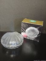 Closed view of clear crystal seashell-shaped trinket box next to original packaging box showing some wear.