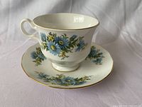 Teacup and saucer set front view showing blue floral pattern and gold trim