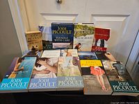 Photo of all fifteen Jodi Picoult novels laid out showing cover artwork and titles.
