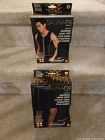 Front view of boxed men's neoprene sauna vest showing model wearing black vest with white piping lines.