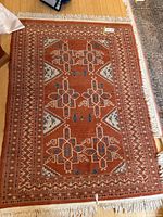 Full view of the rust orange area rug with detailed geometric patterns and cream fringe ends on a wooden floor
