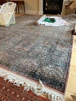 Full view of rug laid flat on hardwood floor near fireplace