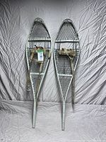 Pair of aluminum frame snowshoes shown from top angle on a wrinkled fabric surface. Both snowshoes have pointed fronts and webbed bottoms.