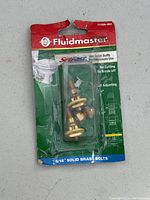 Front view of original packaging showing three brass toilet bolts with nuts and washers inside clear plastic blister pack. Packaging is torn at top left.