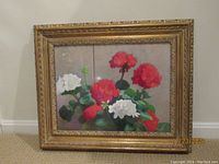 Framed pastel painting showing red and white geranium flowers with lush green leaves, set against a neutral background.
