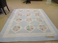 Light blue border quilt with 12 circular pastel pattern blocks laid flat on floor