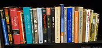 Full view of approximately 20 business and leadership books on a shelf, showing titles and authors on spines for identification.