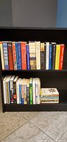 Full view of bookshelf with two shelves holding 26 non-fiction, political and historical books of various sizes and colors.