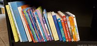Full view of assortment of children's books on a shelf showing colorful spines and various titles.