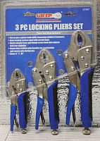 Front view of the 3 PC LOCKING PLIERS SET packaging showing the pliers sizes and grips.