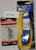 Front view of the utility cutter and 5-pack of utility knife blades in original packaging with visible labels and branding