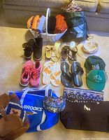 Photo shows women’s accessory lot including shoes, hats, bags and scarves arranged on carpeted floor near couch, displaying all items distinctly.