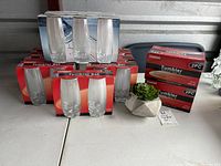 Front view of multiple boxes of tumblers including two 2-packs of 10oz size and other larger 14oz tumblers. Small faux floral succulent planter placed in front.