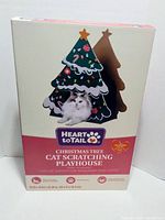 Front of retail box showing Heart to Tail Christmas Tree Cat Scratching Playhouse