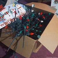 Box of outdoor string lights with red, green and white large bulbs, green stakes; Winter Wonderland snowman sign visible behind