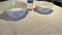 Two vintage Pyrex Blue Iris milk glass casserole dishes, sizes 9 and 10, side by side with a water bottle for scale, showing floral blue iris pattern on white milk glass exterior.