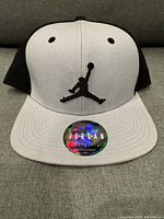 Front view of the cap showing black embroidered Jumpman logo on grey front panel and holographic Jordan sticker on bill.