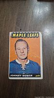 Front of the 1965 Topps Johnny Bower hockey card showing the player portrait and team name with visible wear and corner dints.