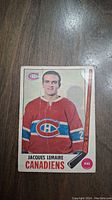 Front view of Jacques Lemaire hockey card in Montreal Canadiens red jersey with team logo and player details.