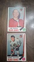 Front side of Jim Pappin and Terry Caffery hockey cards showing player images and team logos.