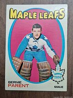 Front photo of the 1971 Bernie Parent hockey card showing player image in goalie gear with Maple Leafs branding.