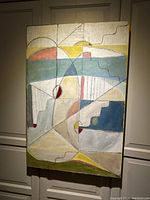 Full view of abstract painting on board with black taped edge