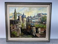 Overall front view of framed oil painting showing scene and frame