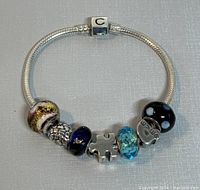 Front view of the charm bracelet showing various charm beads on the silver snake chain bracelet with box clasp marked 'C'.