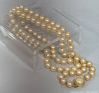 Long faux pearl bead necklace coiled on clear acrylic stand showing gold-tone round clasp