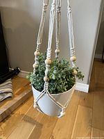 Faux green plant in white plastic container hanging from macramé holder with decorative wooden beads, shown closeup from side angle