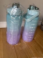 Pair of large water bottles in plastic wrap, showing gradient color and printed motivational time markings from front.