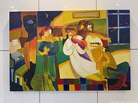 Photo showing the full acrylic painting with vibrant colors and stylized figures in an abstract composition.