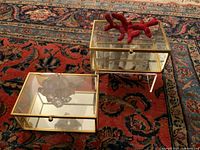 Two glass boxes with brass frames on a patterned rug, one containing a red coral mineral and the other containing clear quartz crystals