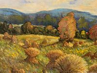 Full view of oil painting with field and distant mountains