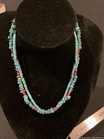 Entire double strand turquoise and coral bead necklace on black bust, showing bead colors and size.
