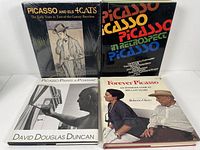 Four Picasso-themed hardcover books arranged upright and lying flat, showing front covers with title and artwork.