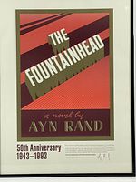 Framed poster featuring cover design of The Fountainhead with 50th anniversary notice and Ayn Rand's signature.